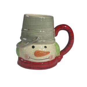 Snowman Mug Red Plaid Handle Green Hat